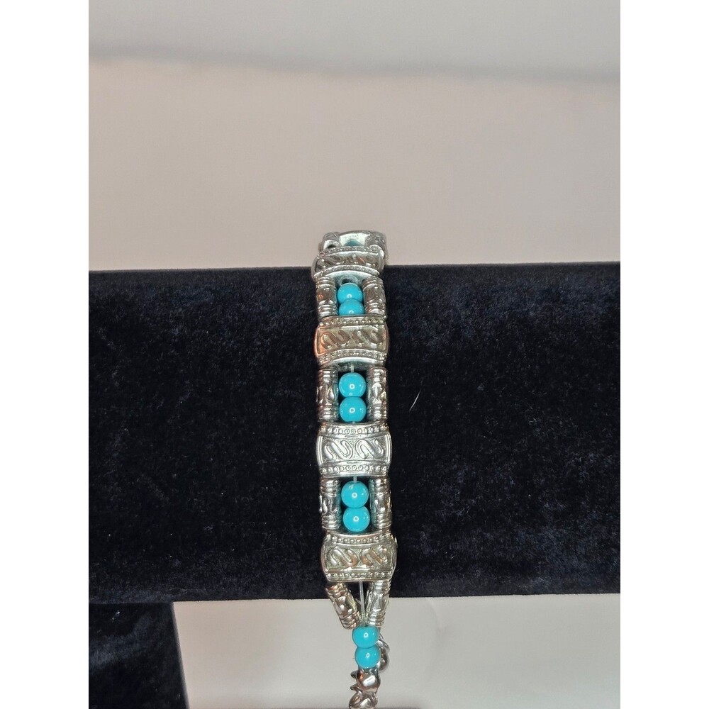 Silver Tone Bracelet Adjustable Length with Teal Beads and S Design - Picture 3 of 6